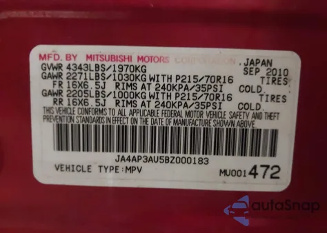 2011 Mitsubishi Outlander Sport Es z USA, uszkodzony, nr VIN JA4AP3AU5BZ000183
